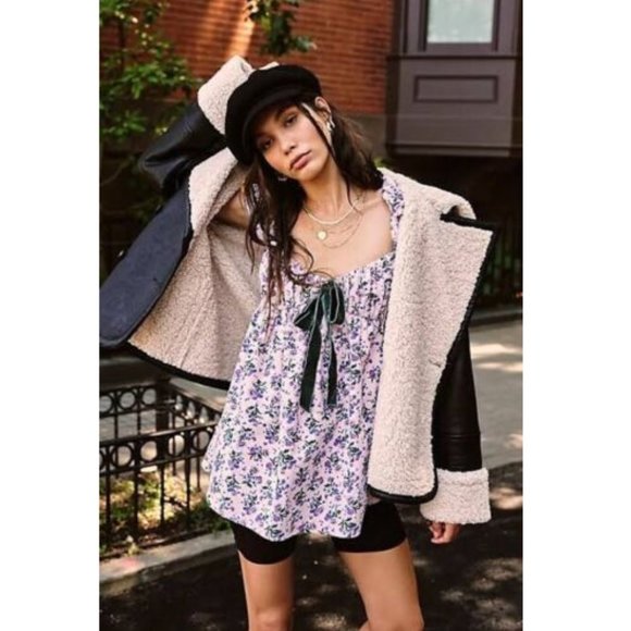 NEW Free People Gaia Printed Tunic Lilac Floral Corduroy Bow Floral Mini Dress - Picture 3 of 9